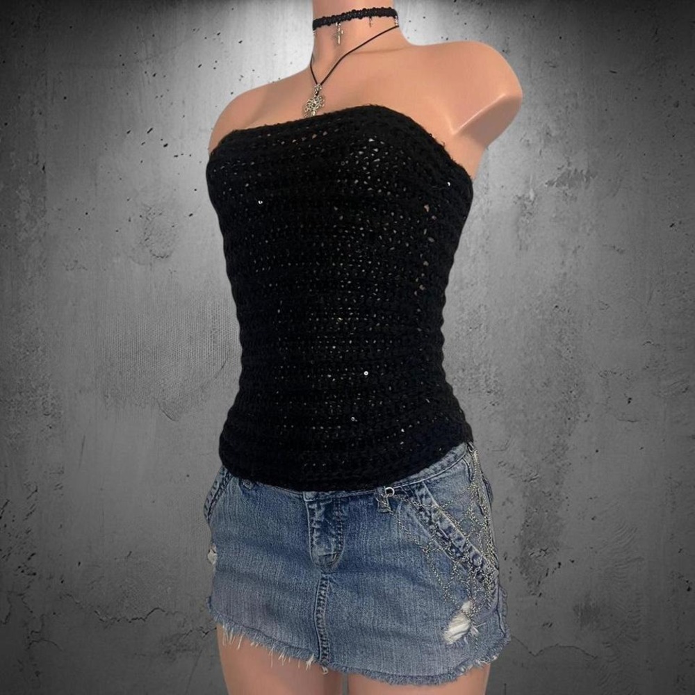 Y2K Charlotte Russe Sequin Crochet Knit Tube Top S Black Goth Grunge Boho